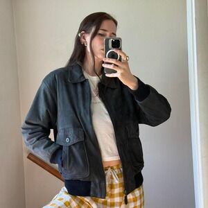 Vintage black leather bomber jacket aviator biker boyfriend coat moto grunge
